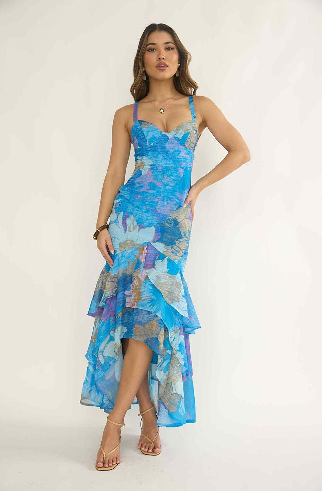 Coral Bay Sweetheart Maxi Dress, Coastal Boho Women’s Maxi in Ocean Blue Print