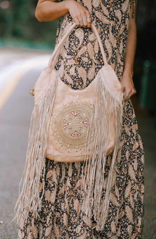Cosmo Tote, Mandala Motif Tassels Natural Colour