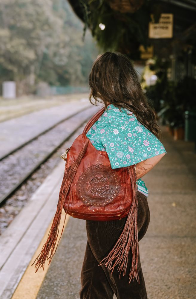Cosmo Tote, Mandala Motif Tassels Tan Colour
