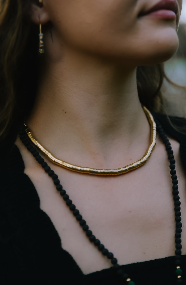 Brass Coil Thin River Song Choker, Brass Boho Style Necklace