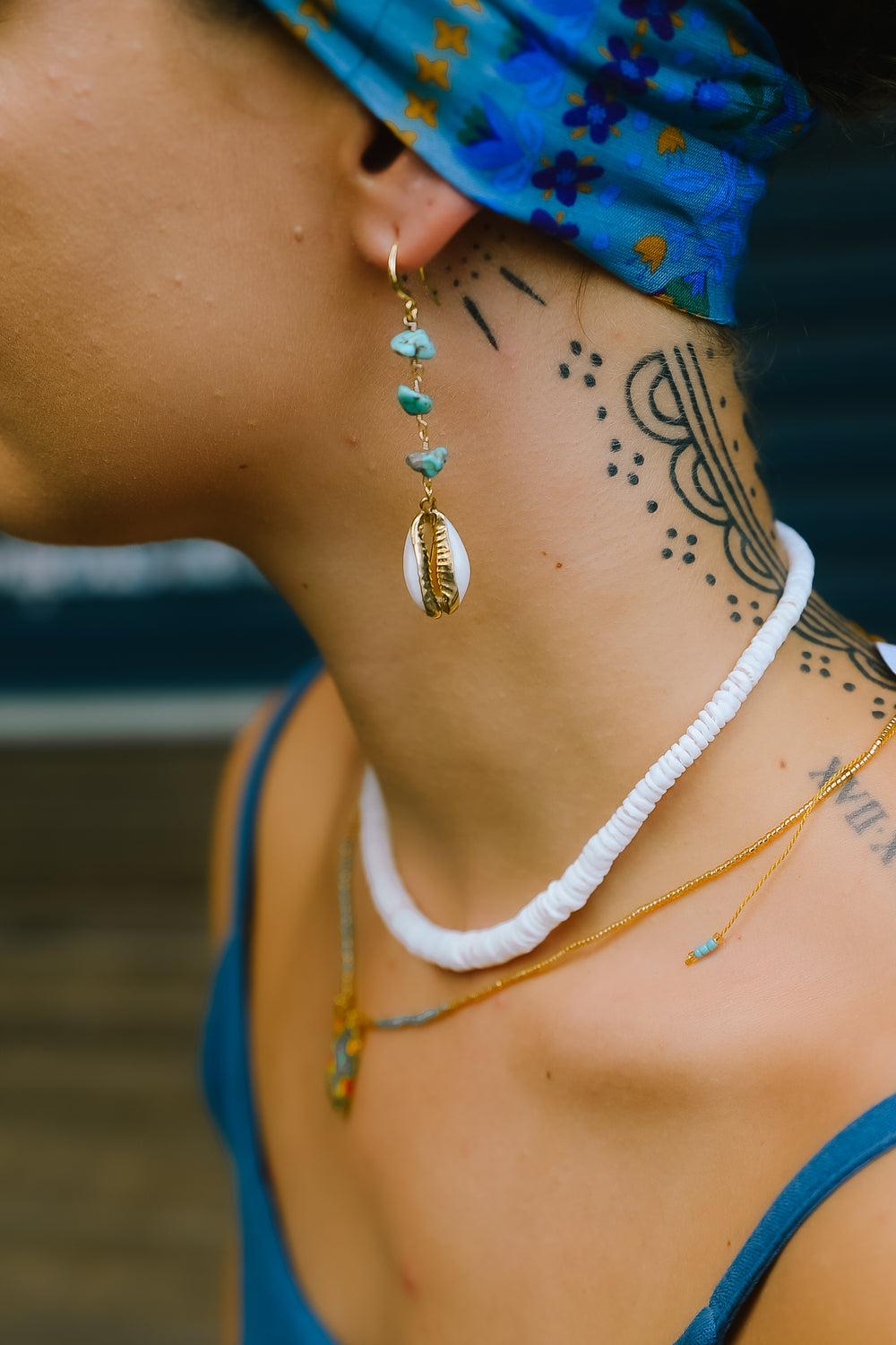 Cowrie Turq Earrings, Dangle Style Turquoise Gemstone Beads