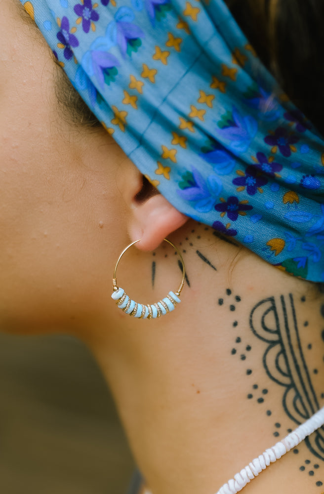 Aqua Shell Hoop Earrings, Coastal Boho Style Jewellery