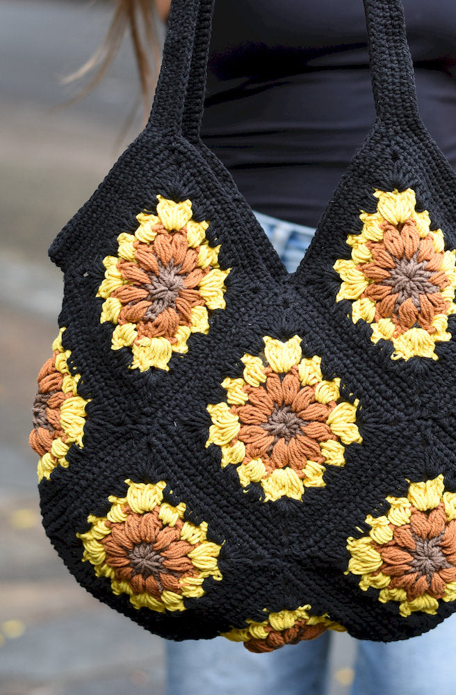 Sunny Flower Black Crochet Bag
