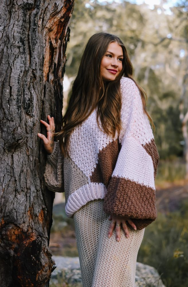 Getaway Knit Blush Beige Choc, Chunky  Oversized Knit Jumper