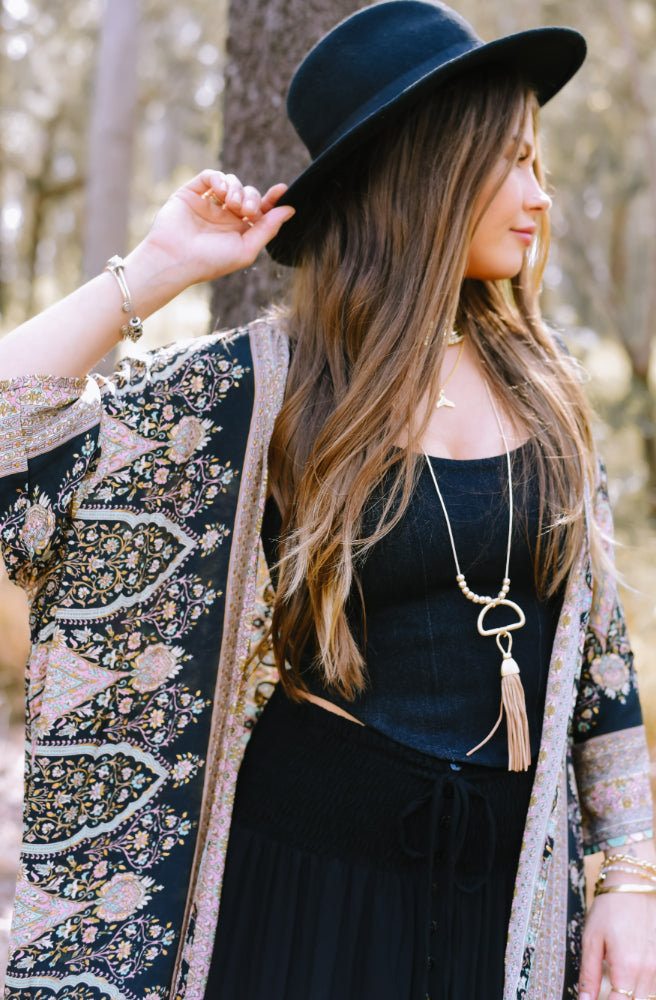 Luna Duster, Black Decorative Print Border Placement