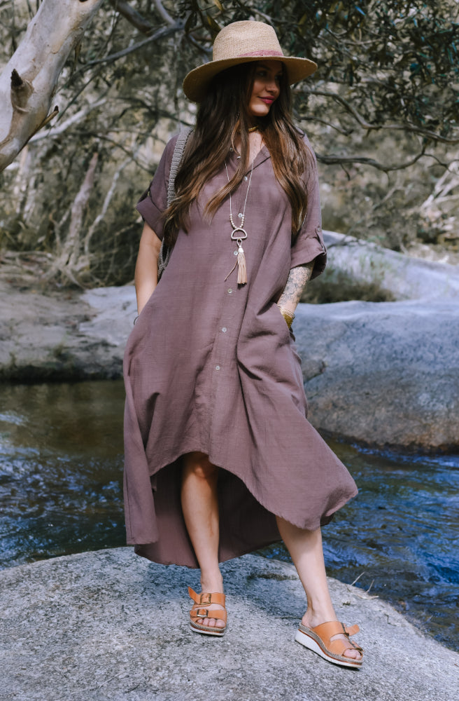 Elea Long Shirt Dress Choc, Button Through with Side Pockets