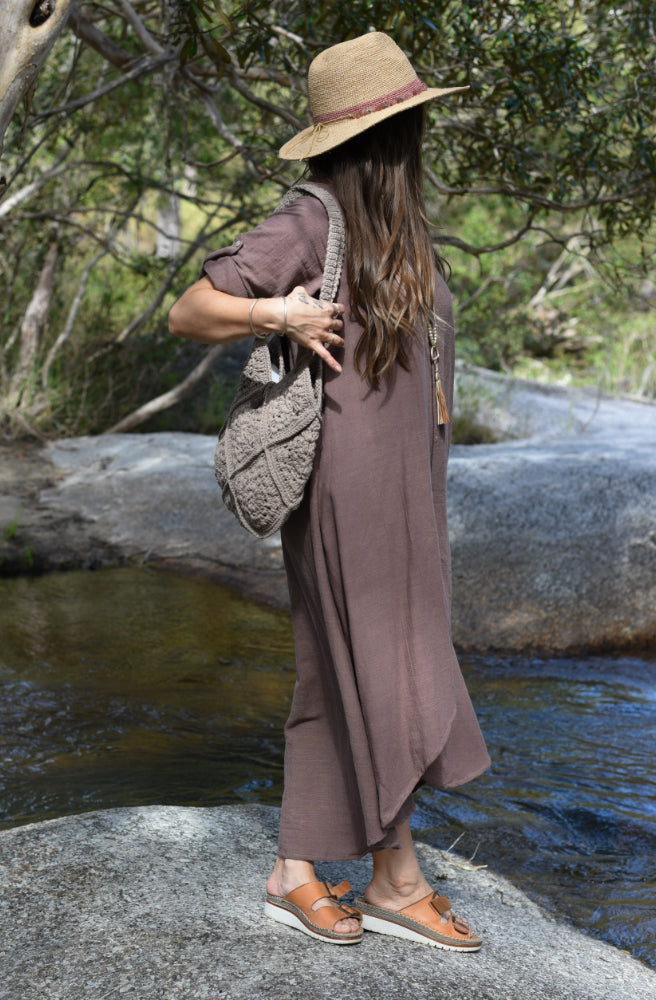 Elea Long Shirt Dress Choc, Side View Hi Low Hem
