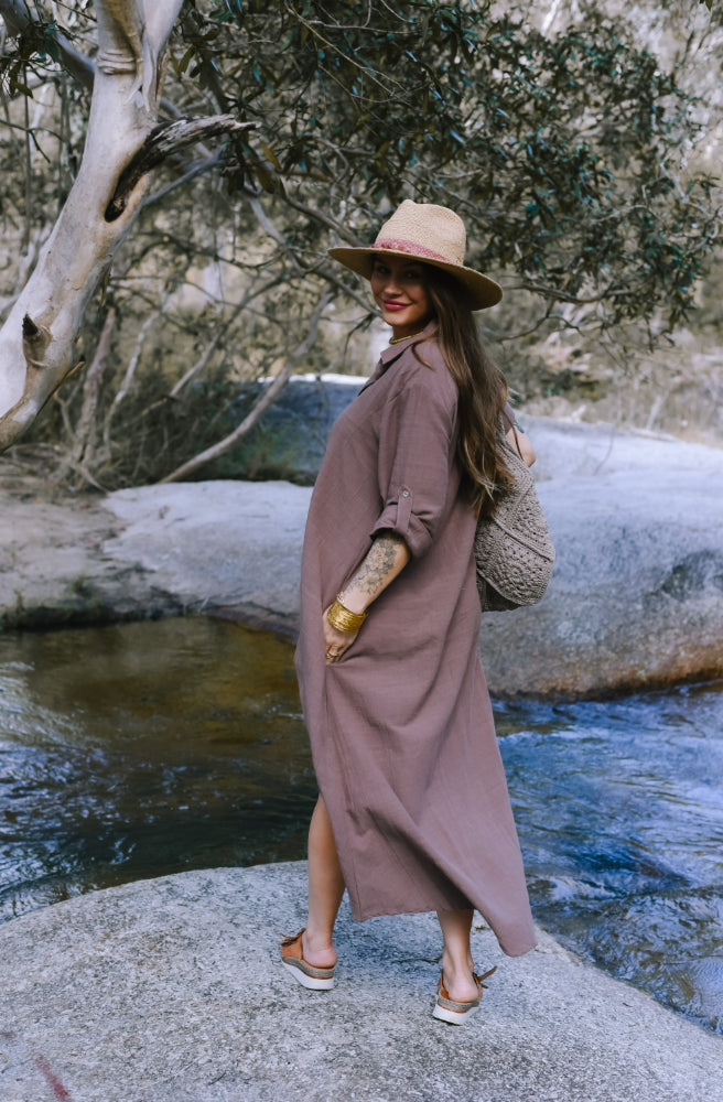 Elea Long Shirt Dress Choc, Three Quarter Sleeves