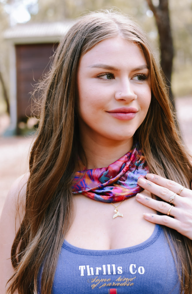 Boho Bandeau Velvet Pink Red Folk Floral, Wear Head Band in Multiple Ways