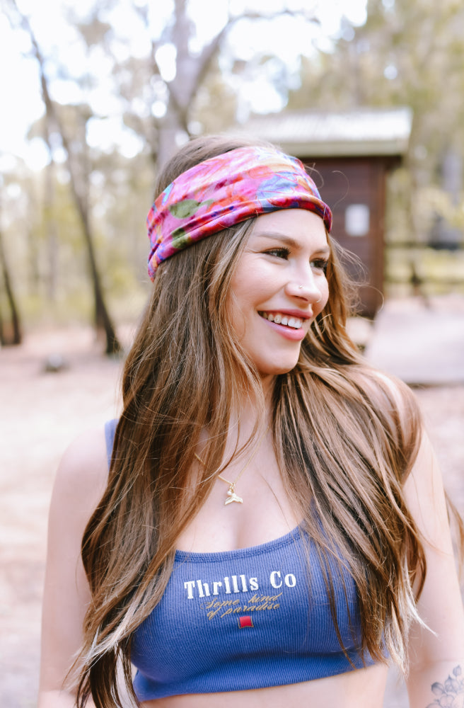 Boho Bandeau Velvet Pink Red Folk Floral, Floral Boho Syle Headband