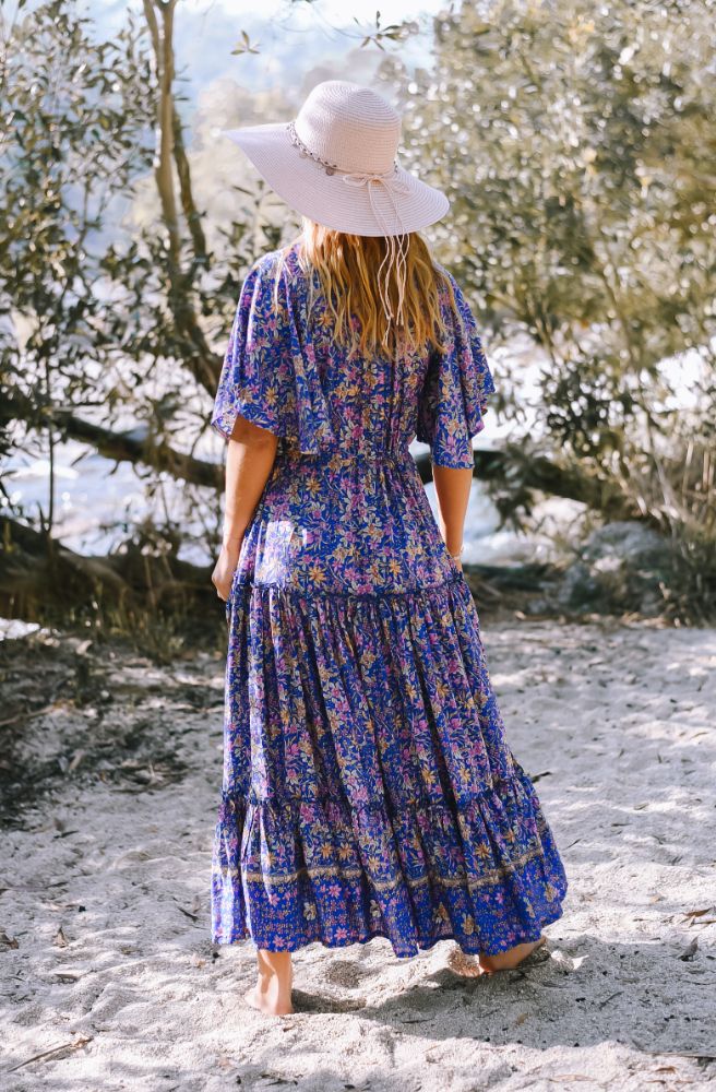 Blue Pink Orange Floral Midi Dress