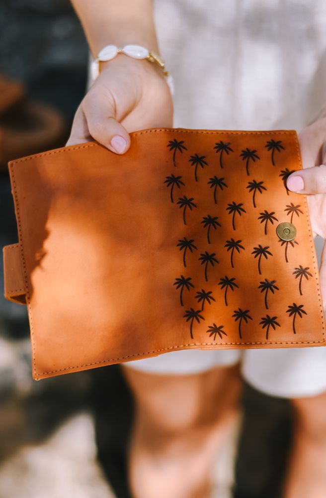 boho purse wallet passport holder tan leather palm tree design