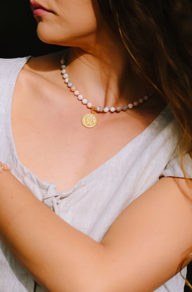 boho jewellery australia gold mandala pendant rhodonite beaded necklace