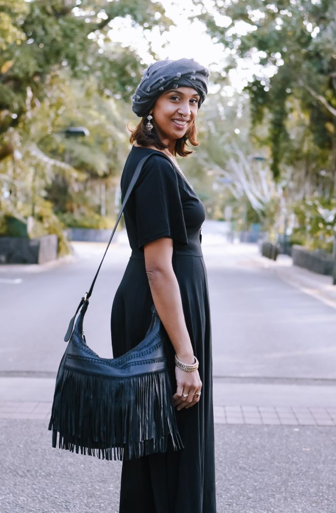 black boho leather fringe shoulder bag