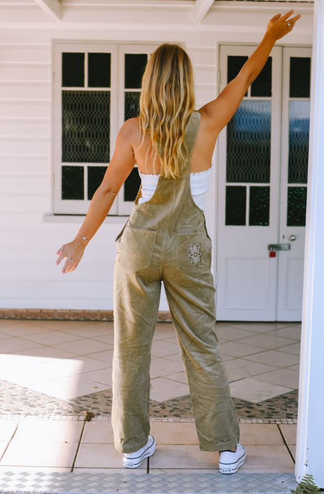 Barefoot Blonde Khaki Cord Overalls, Rear View