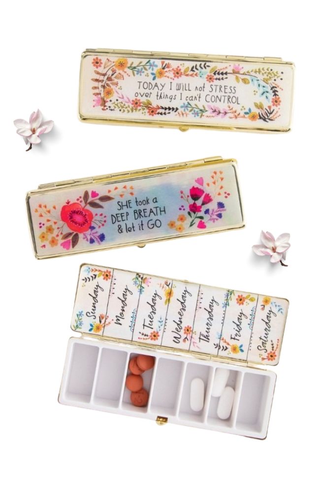 Daily Pill Box A Wise Girl, Decorative pill box with floral designs and motivational phrases 
