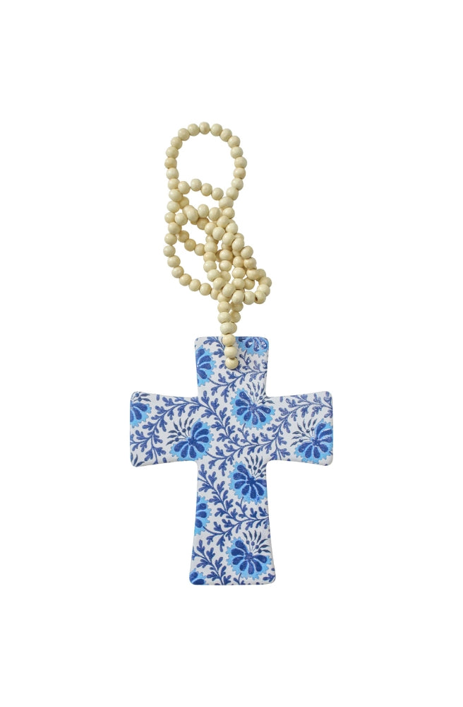 Decorative Cross Blue Chintzy, blue floral pattern and beaded string