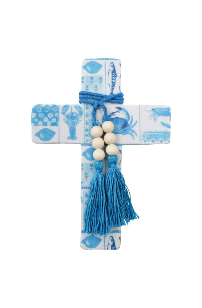 Decorative Cross Ocean Postcard, blue and white design, beads, and tassels