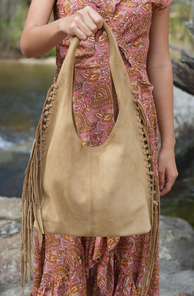 Driftwood Fringe Bag, Artisan Leather Shoulder Bag with Tassel Fringe
