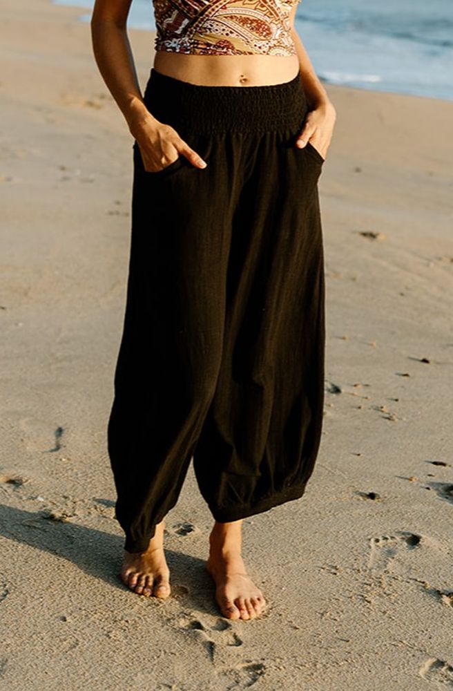 Ebony Kesh Pants, Close Up Showing Details and Shirred Waistband