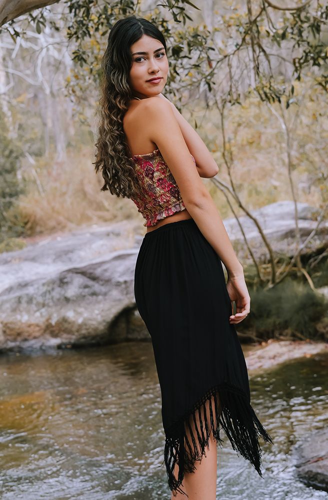 Ebony Shadow Dancer Skirt, Boho Tiered Maxi in Soft Flowing Fabric
