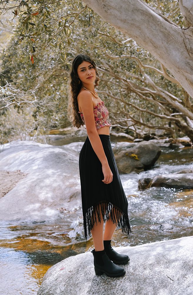 Ebony Shadow Dancer Skirt, Effortless Boho Maxi in Deep Black Tone