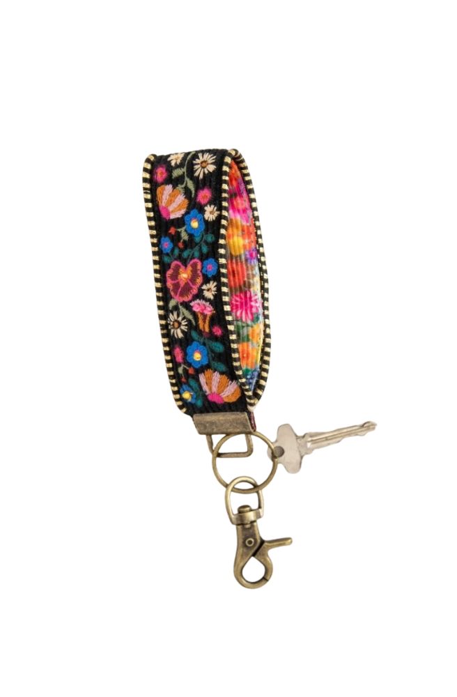 Embroidered Key Fob Black Folk Flower, Bohemian Style Corduroy Keyring Tag
