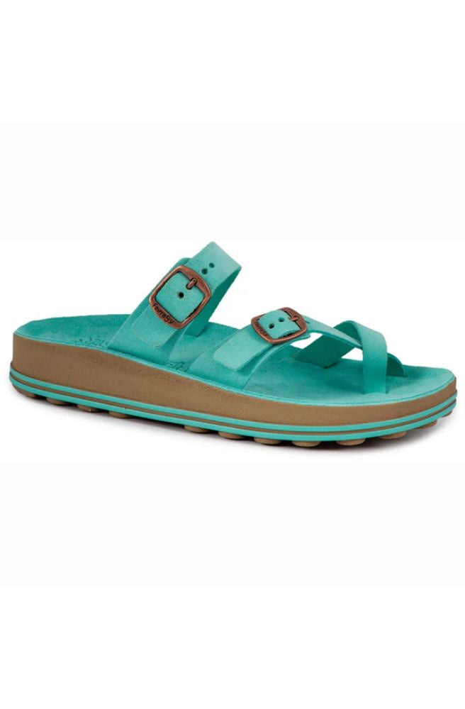 Fantasy Sandals Caterina Turquoise Glam, Turquoise Leather Sandals with Textured Footbed