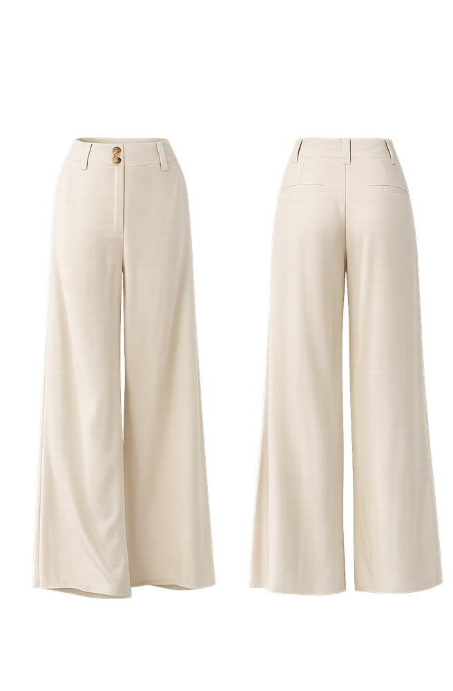 Pair of beige wide-leg pants on a white background