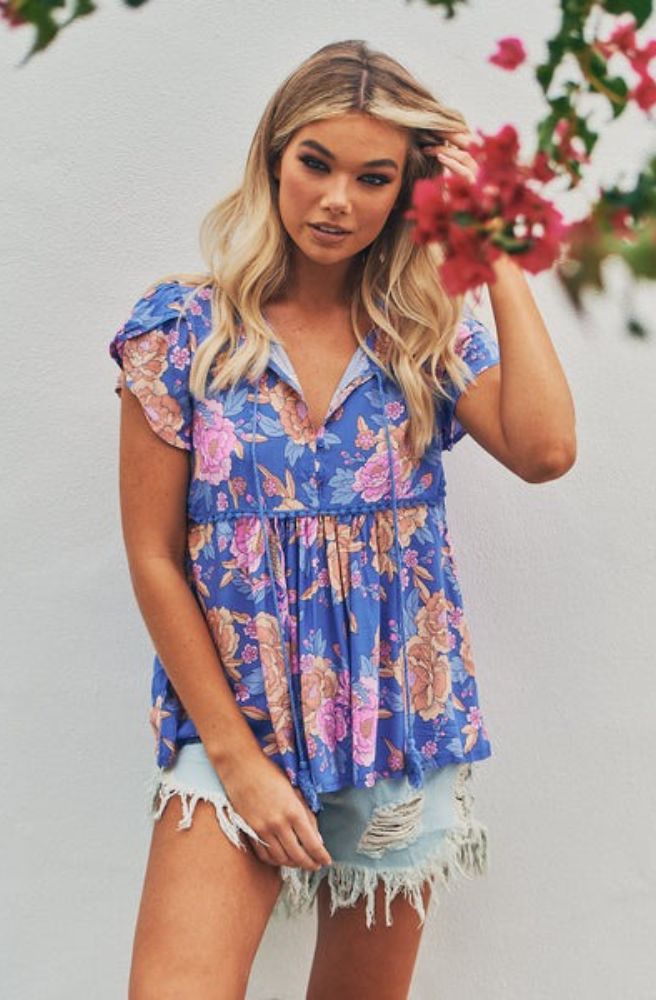 bohemian blue and pink floral summer top