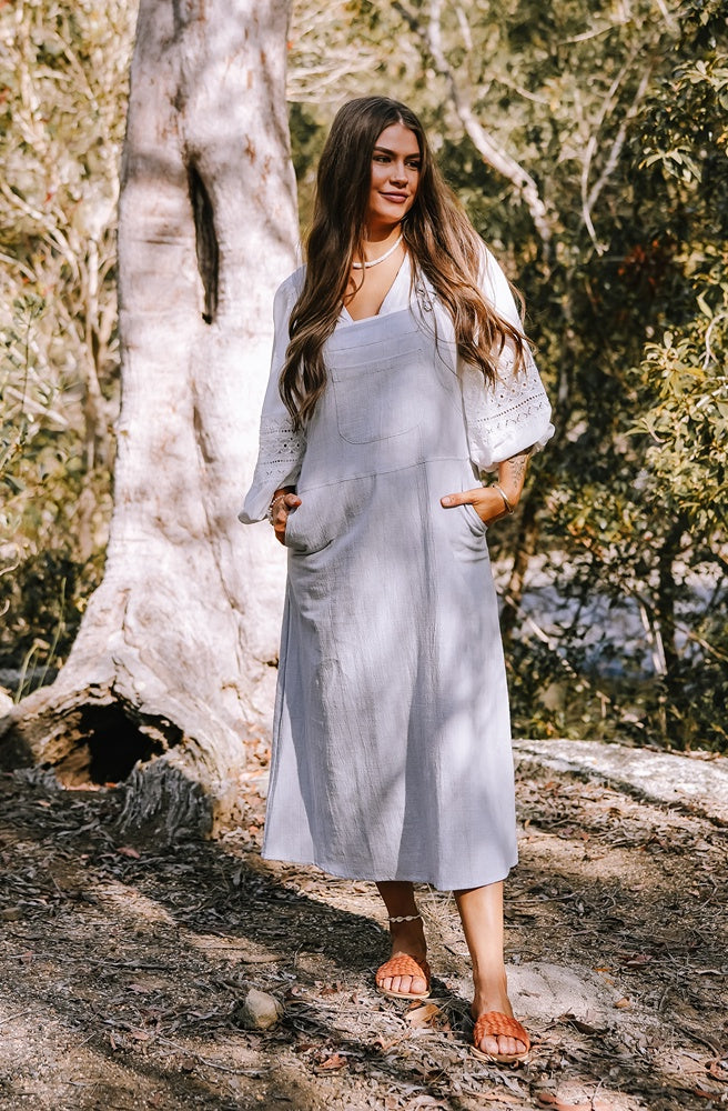 Gypsy Thread 3/4 Length Pinafore Salted Blue, Women's Boho Style Pinafore