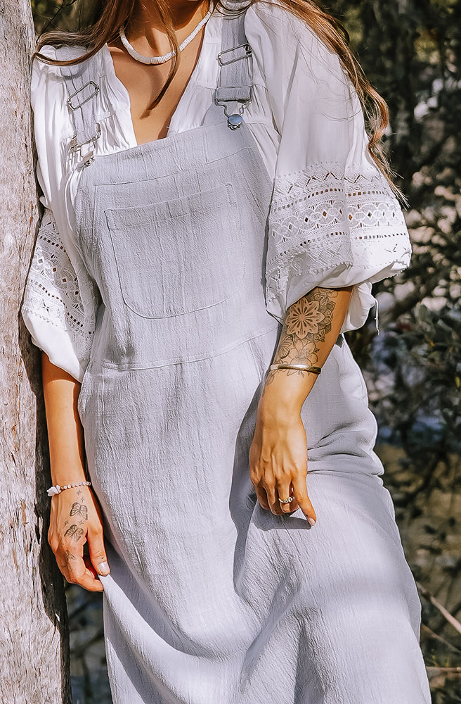 Gypsy Thread 3/4 Length Pinafore Salted Blue, Close Up Detail of Bib Front patch Pocket Textured Cotton
