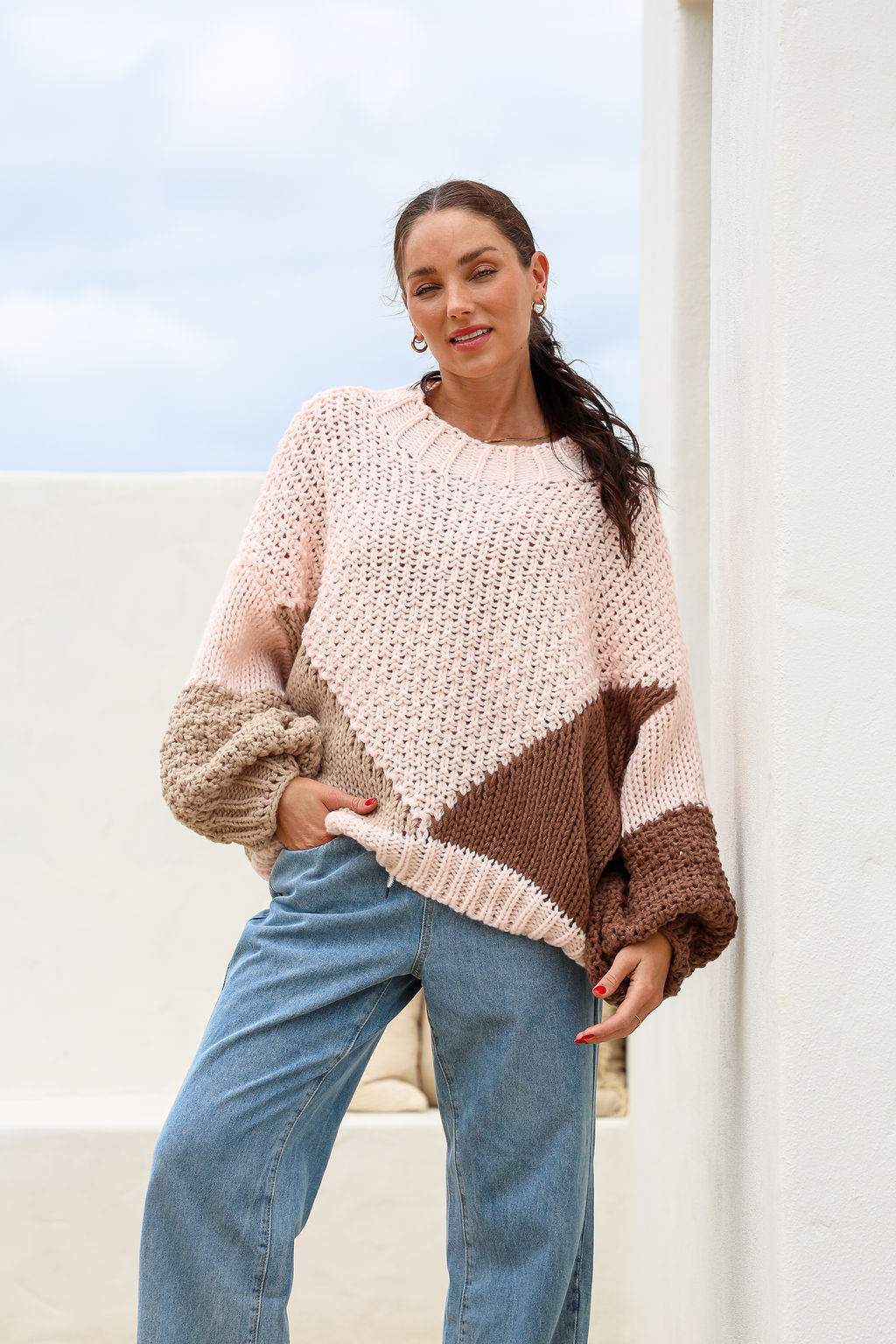 Getaway Knit Blush Beige Choc, Chunky  Oversized Knit Jumper