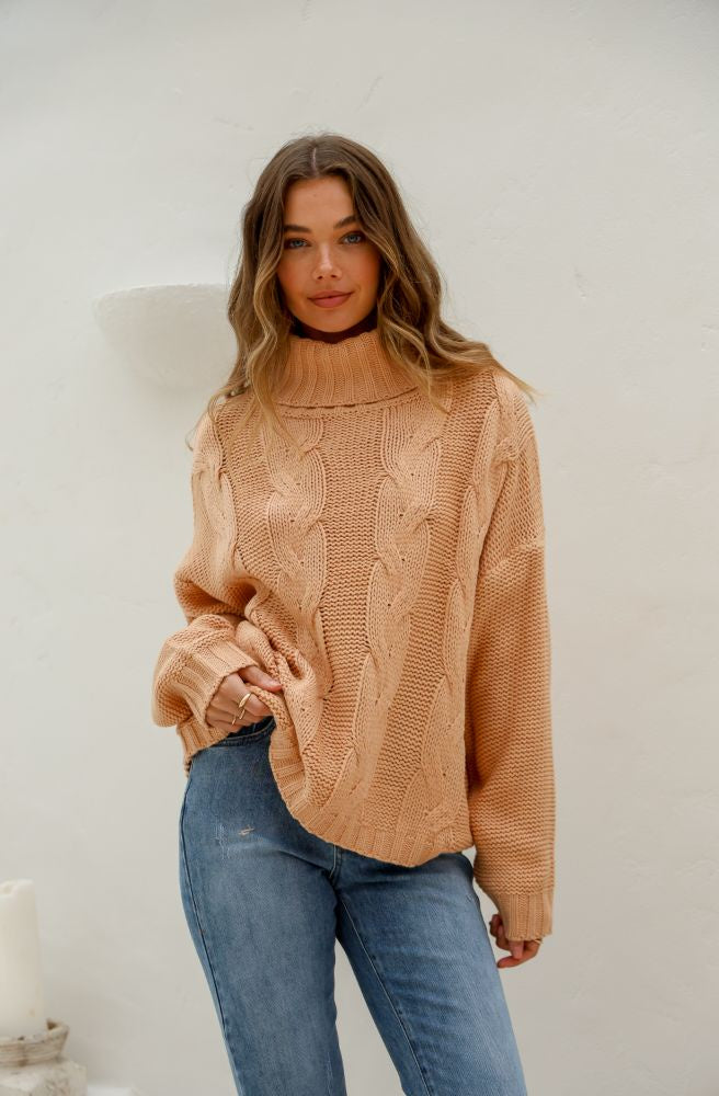 Roll Neck Cable Tuscan Knit Camel, Boho Winter Style