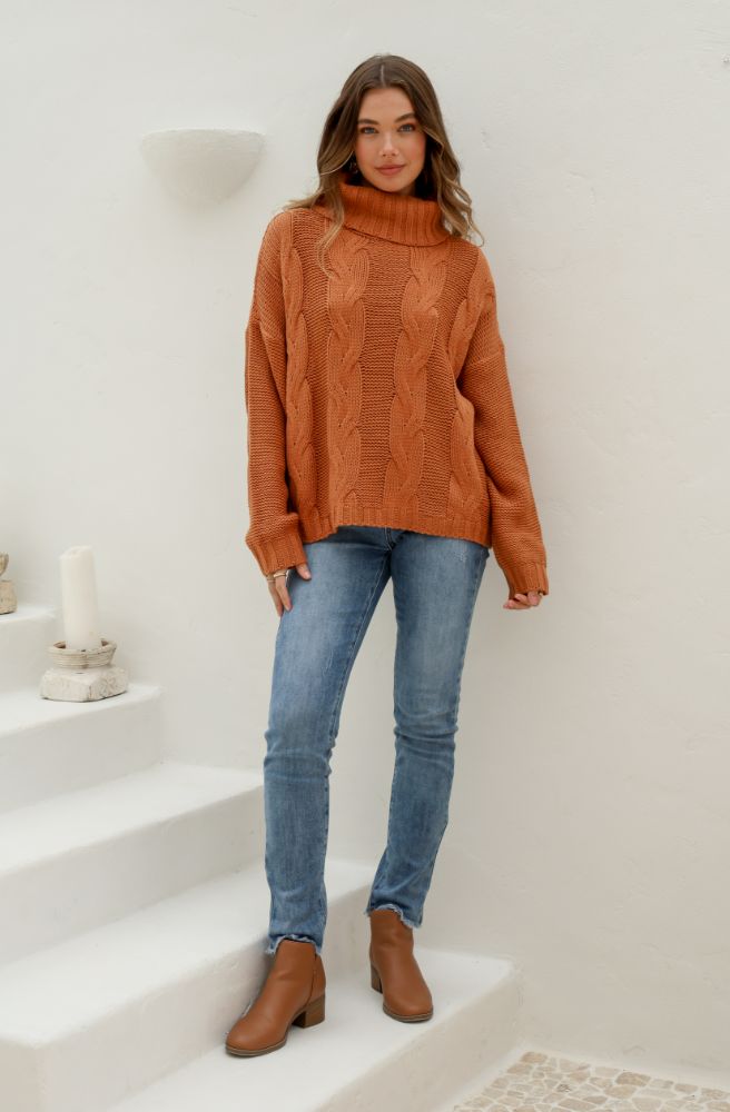Roll Neck Cable Tuscan Knit Tan, Relaxed Fit Jumper