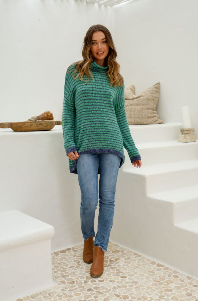 Striped High Low Knit Emerald Navy, Boho Winter Style