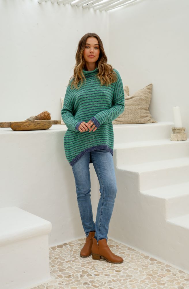 Striped High Low Knit Emerald Navy, Relaxed Fit Jumper