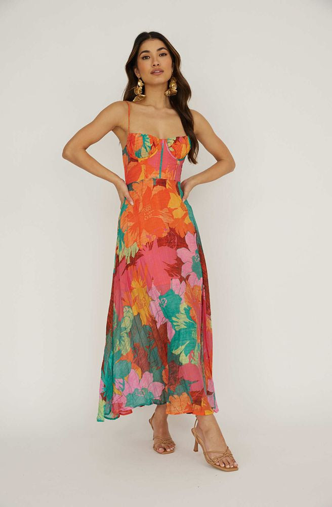 Island Glow Maxi Dress, Boho Tropical Print Women’s Maxi