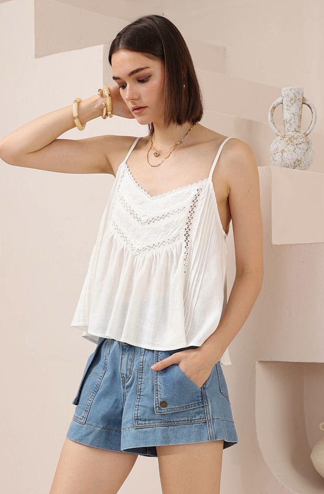Ivy Lace Cami White, Strappy Lace Trim Cami in Lightweight Fabric