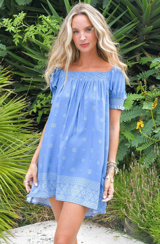 Jaase Azure Sky Zayli Mini Dress, Boho Floral Print Women’s Mini