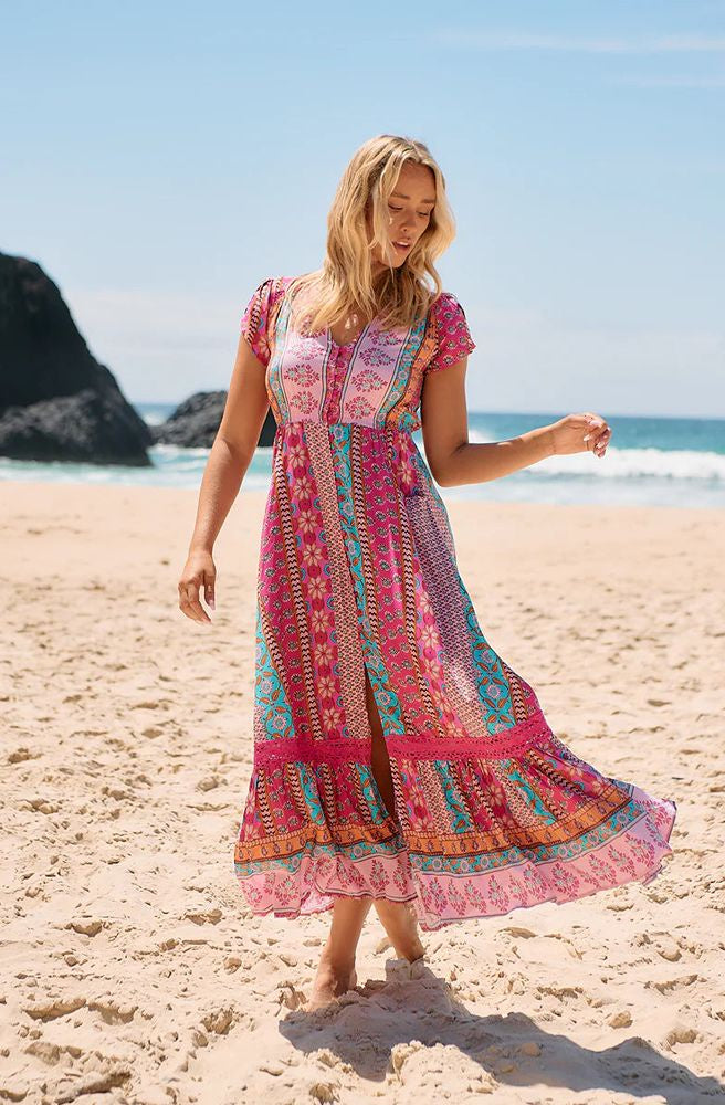 Jaase Cedella Print Carmen Maxi Dress, Flowing Rayon Maxi with Button-Through Front