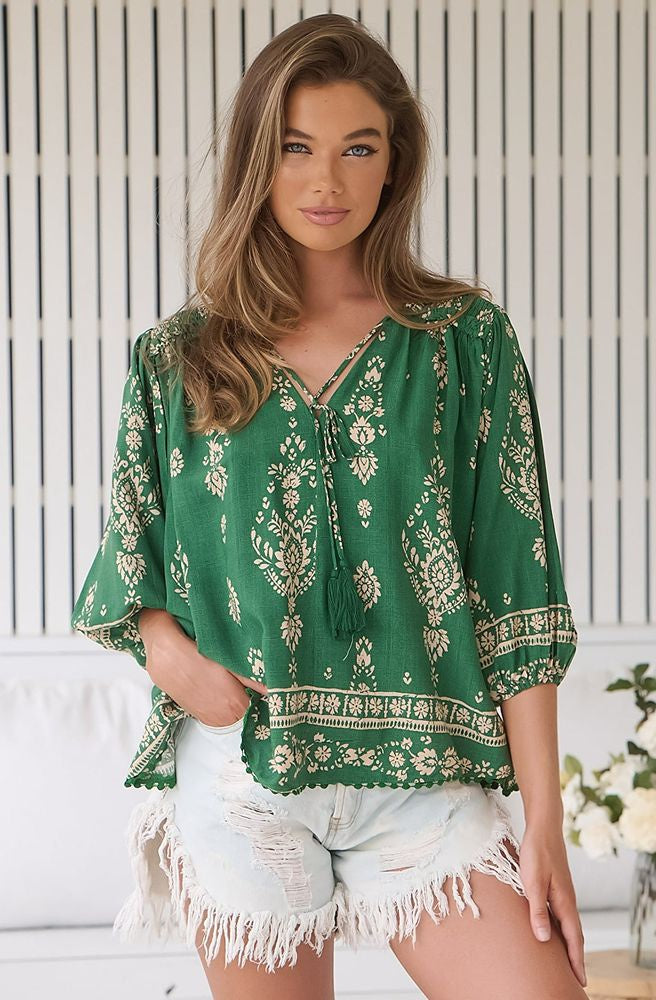 Jaase Kiva Print Rue Top, Boho Floral Blouse with Tassel Tie Neckline