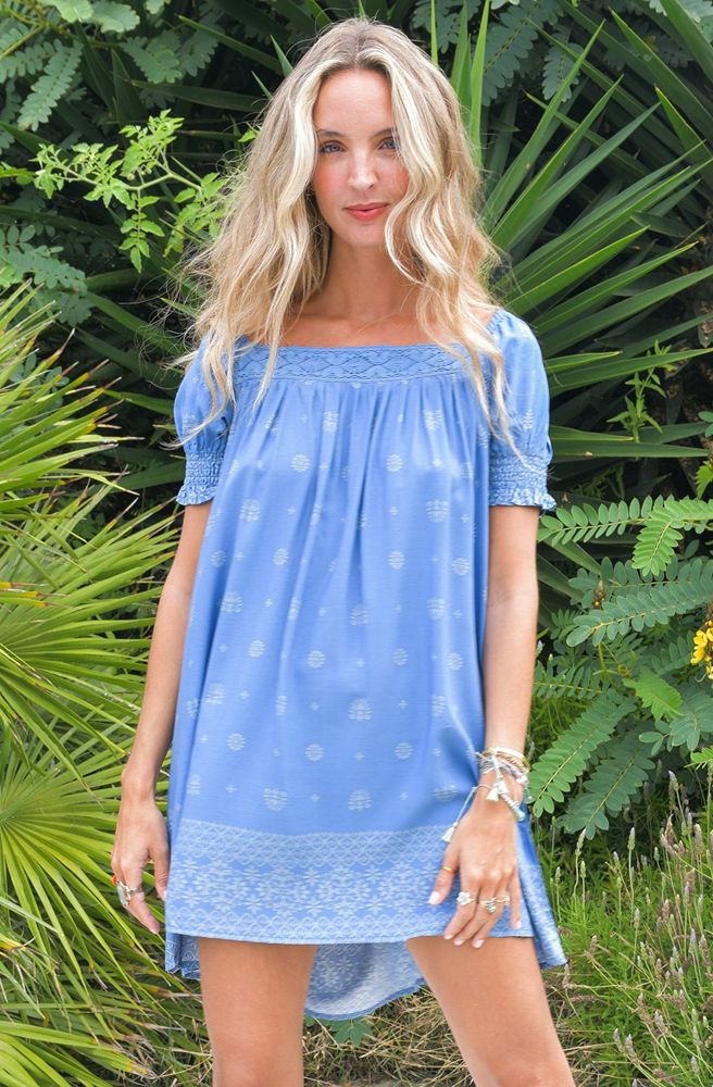 Jaase Azure Sky Zayli Mini Dress, Relaxed Fit Boho Mini Dress in Blue and White Print