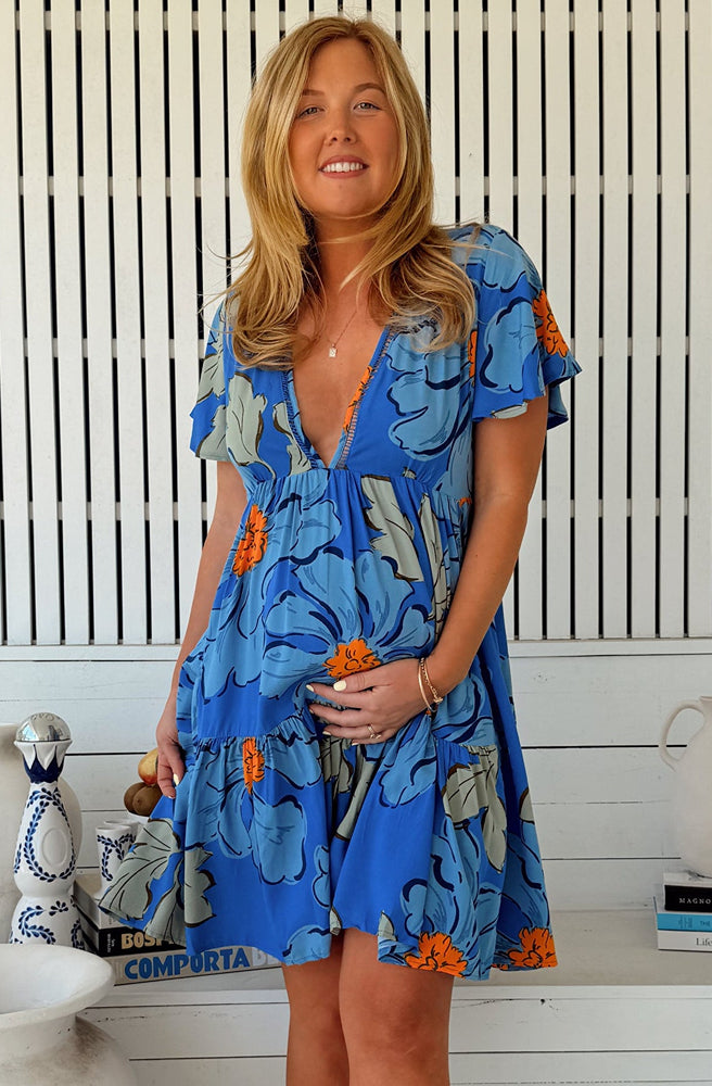 Jaase Blue Bell Rhys Dress, Lightweight Rayon Mini with V-Neckline