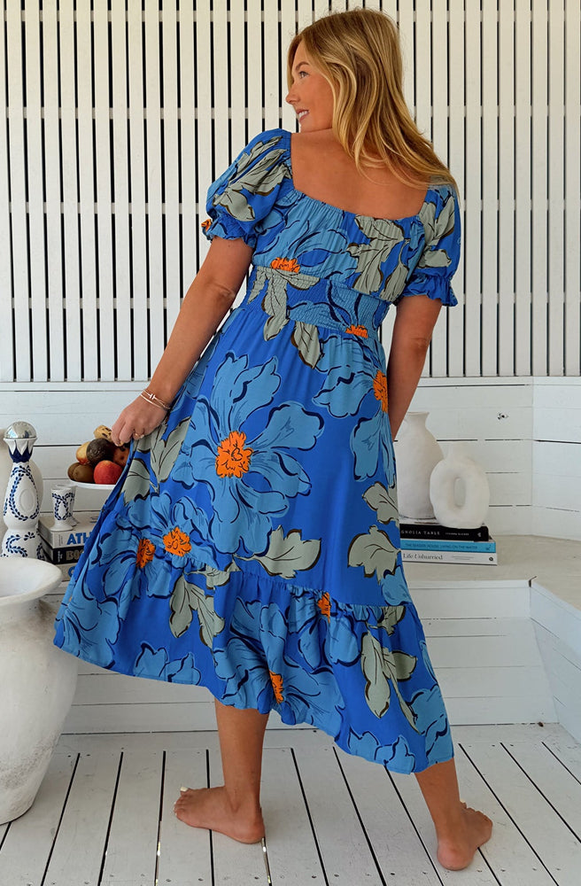 Jaase Blue Bell Rini Midi Dress, Relaxed Fit Rear View with Tiered Hem
