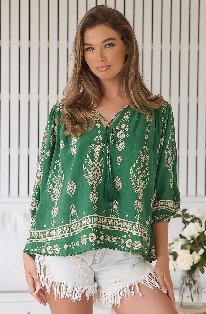 Jaase Kiva Print Rue Top, Front View Showing V-Neckline and Tassel Detail
