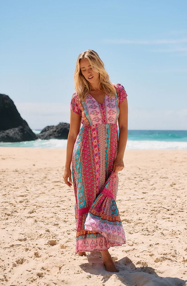 Jaase Cedella Print Carmen Maxi Dress, Front View Boho Maxi with V-Neckline