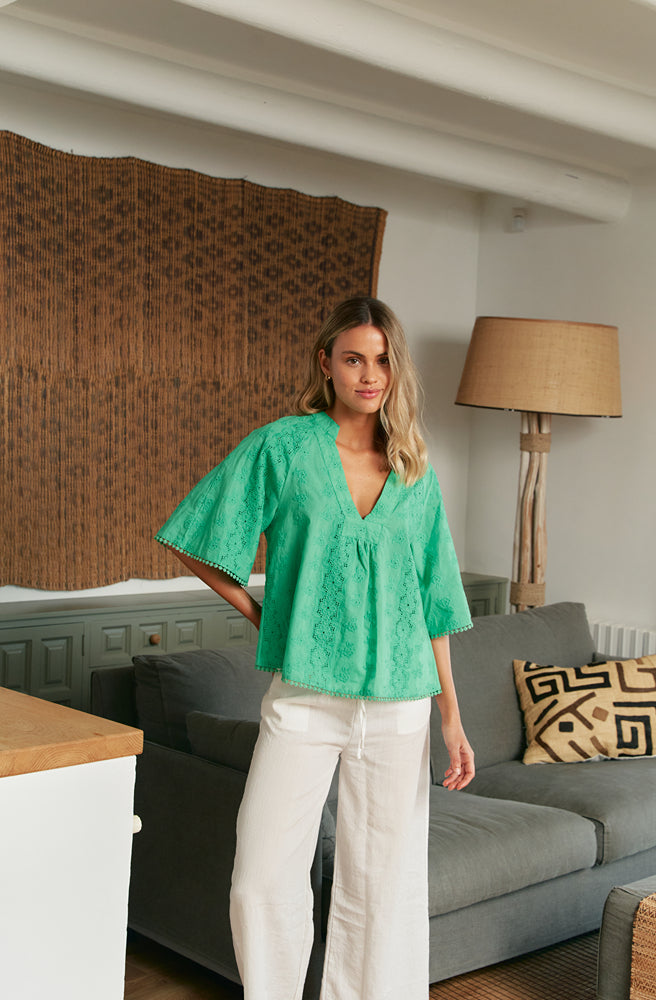 Jaase Emerald Gabriella Top Embroidered, Relaxed Fit Women’s Top with Billowy Sleeves