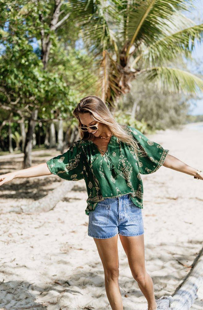 Jaase Kiva Print Rue Top, Green and Tan Ethnic Style Print