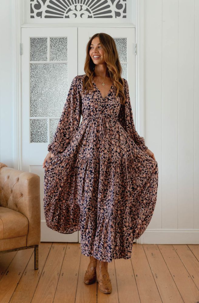 Jaase Midnight Meadow Teresa Maxi Dress, Adjustable Drawstring Waist